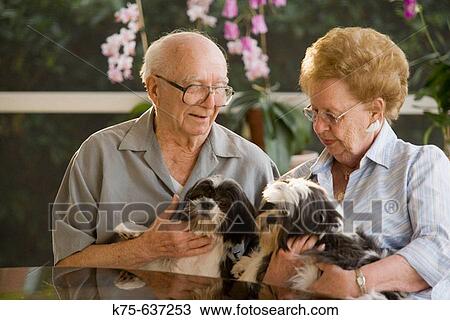 Stock Image - Senior couple holding pet dogs. Fotosearch