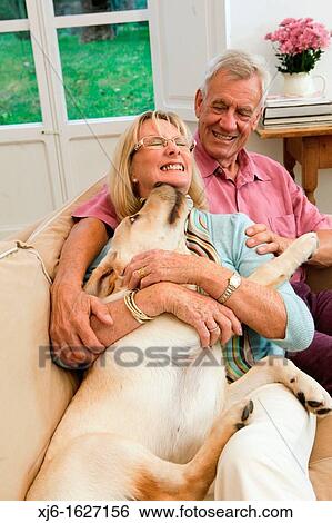 Stock Photograph - Senior couple with dog. Fotosearch