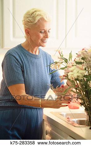 Senior woman arranging a bouquet of flowers View Large Photo Image Stock Photo - Senior woman arranging a bouquet of flowers. Fotosearch