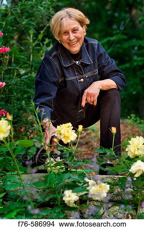 Senior woman working in her garden. View Large Photo Image Picture - Senior woman working in her garden.. Fotosearch
