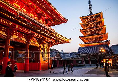 Senso-ji Temple, Five Storied Pagoda and Hozo-mon Gate, Asakusa district, Tokyo, Japan, Asia View Large Photo Image Picture - Senso-ji Temple, Five Storied Pagoda and Hozo-mon Gate, Asakusa district, Tokyo, Japan, Asia. Fotosearch