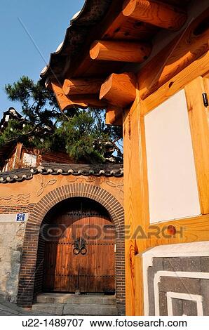 Stock Photo - Seoul (South Korea): traditional houses in the Bukchon neighborhood. Fotosearch