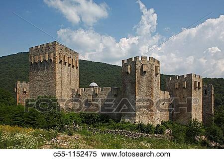 Stock Photography - Serbia, Manasija Monastery, founded by Despot Stefan Lazarevi, 1407-1418, fortification wall, castle, Orthodox, christian, religious, exterior, outside, facade, colour. Fotosearch