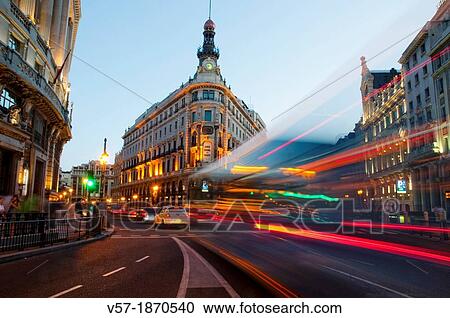 Stock Image - Sevilla street, night view. Madrid, Spain.. Fotosearch