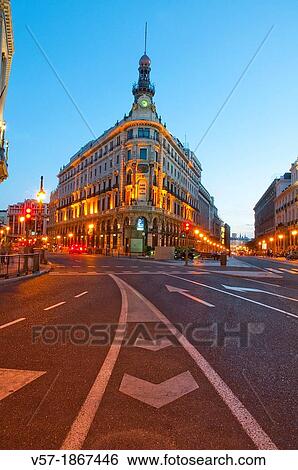 Stock Photograph - Sevilla street, night view. Madrid, Spain.. Fotosearch