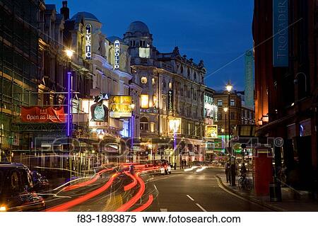 Stock Photography - Shaftesbury Avenue theatre district, West End, London, England, with car light streaks, dusk. Fotosearch