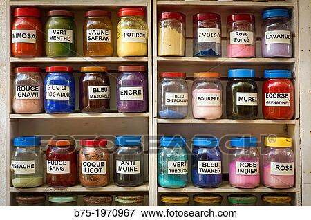 Shelf full of jars of dye colors View Large Photo Image Stock Photo - Shelf full of jars of dye colors. Fotosearch