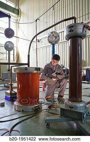 Stock Image - Shock test. Equipment boost with spark gap. High Voltage Electric Laboratory. Certification of electrical equipment. Technological Services to Industry. Tecnalia Research & innovation, Bizkaia, Basque Country, Spain.. Fotosearch