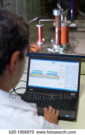 Stock Photo - Shock test. Equipment boost with spark gap. High Voltage Electric Laboratory. Certification of electrical equipment. Technological Services to Industry. Tecnalia Research & innovation, Bizkaia, Basque Country, Spain.. Fotosearch