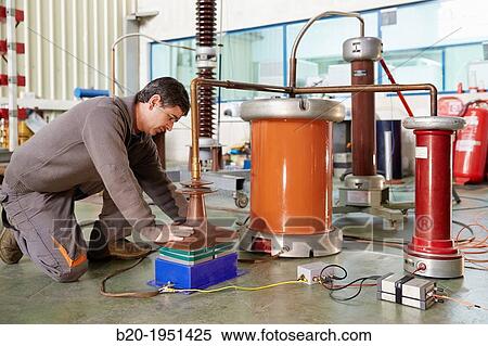 Stock Photography - Shock test. Equipment boost with spark gap. High Voltage Electric Laboratory. Certification of electrical equipment. Technological Services to Industry. Tecnalia Research & innovation, Bizkaia, Basque Country, Spain.. Fotosearch