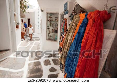 Stock Photograph - Shops in the alley of town, Mykonos, Cyclades Islands, Greek Islands, Greece, Europe.. Fotosearch