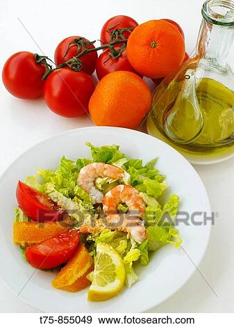 Shrimp salad, lettuce, tomato, orange, lemon and olive oil View Large Photo Image Stock Photo - Shrimp salad, lettuce, tomato, orange, lemon and olive oil. Fotosearch