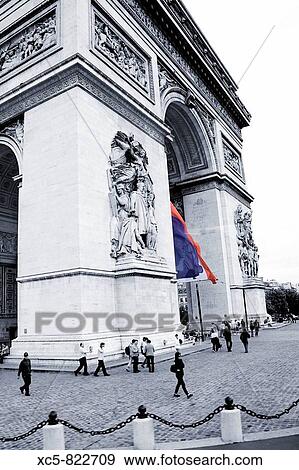 Stock Photo - Sight of Arch de Triomphe from a bus Paris. Fotosearch