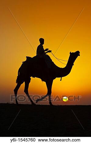 Stock Image - Silhouette of man and camel sunrise Thar Desert near Khuri Rajasthan India. Fotosearch