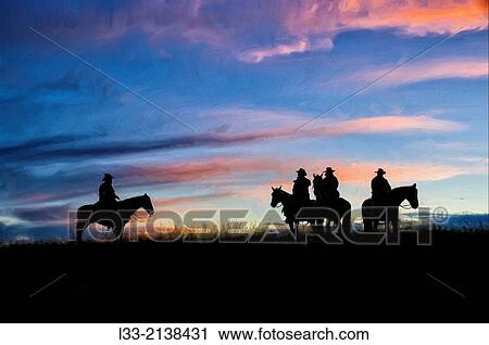 Silhouettes of three cowoys on horseback. View Large Photo Image Stock Image - Silhouettes of three cowoys on horseback.. Fotosearch
