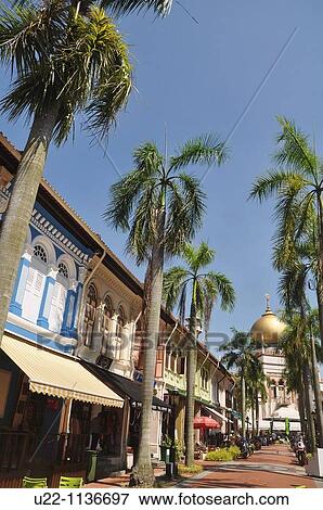 Stock Photo - Singapore: Bussorah Street and the Sultan Mosque. Fotosearch