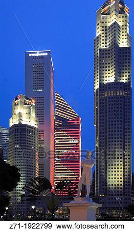 Stock Photo - Singapore, Central Business District, skyline, Raffles statue,. Fotosearch
