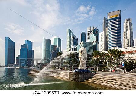 Stock Image - Singapore City, The Merlion and Down Town Skyline.. Fotosearch