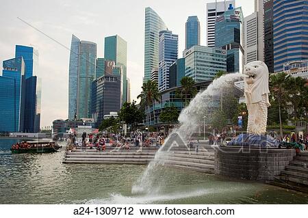 Stock Image - Singapore City, The Merlion and Down Town Skyline.. Fotosearch
