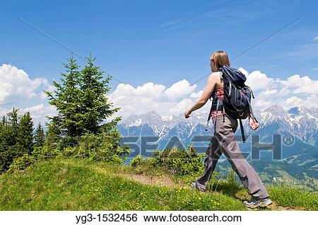 Single female hikes along trail in Austrian Alps with Steinernes Meer Stone sea mountain range in background View Large Photo Image Stock Photograph - Single female hikes along trail in Austrian Alps with Steinernes Meer Stone sea mountain range in background. Fotosearch
