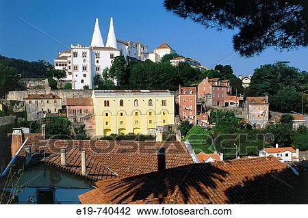 Stock Image - Sintra with Royal Palace in background, Portugal. Fotosearch