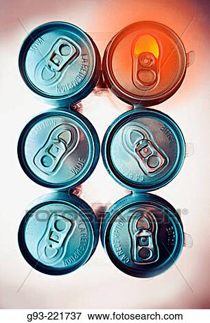 Six pack of aluminum cans, one open View Large Photo Image Stock Photo - Six pack of aluminum cans, one open. Fotosearch