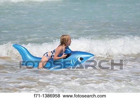 Six year old girl at the beach playing in the surf on inflatable shark Mimiwhangata Northland, New Zealand View Large Photo Image Stock Photo - Six year old girl at the beach playing in the surf on inflatable shark Mimiwhangata Northland, New Zealand. Fotosearch