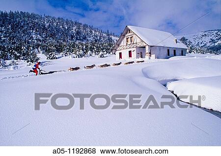 Stock Photo - Ski resort of Port Aine. Pirena. Sled dog race in the Pyrenees going through Spain, Andorra and France. Catalan Pyrenees. Rialp. Pallars Sobira. Lleida-provincia. Catalonia. Spain.. Fotosearch