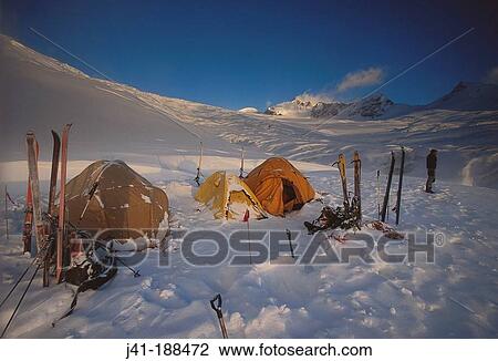 Stock Image - Skier's camp. Lhagu glacier area, Kangri Garpo mountains. Tibet. Fotosearch