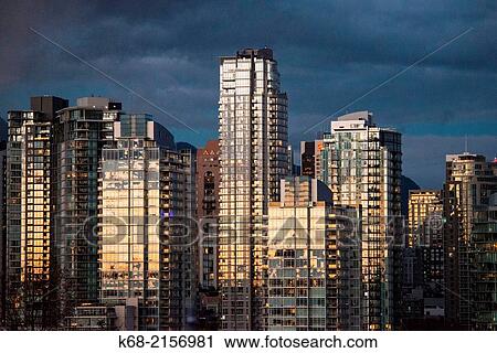 skyline condo towers at sunset on the north shore of False Creek, Vancouver, BC, Canada. View Large Photo Image Stock Image - skyline condo towers at sunset on the north shore of False Creek, Vancouver, BC, Canada.. Fotosearch