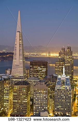 Stock Image - Skyline from the roof of the Fairmont Hotel on Nob Hill, Transamerica Pyramid. Fotosearch