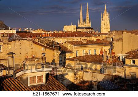 Skyline of Bordeaux with the towers of the Saint Andr? cathedral and the Pey Berland, Gironde, Aquitaine, France View Large Photo Image Stock Image - Skyline of Bordeaux with the towers of the Saint Andr? cathedral and the Pey Berland, Gironde, Aquitaine, France. Fotosearch