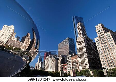 Stock Photo - SKYLINE REFLECTED IN CLOUDGATE SCULPTURE DOWNTOWN CHICAGO ILLINOIS USA. Fotosearch