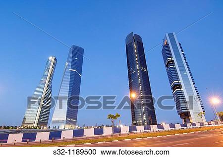 Stock Image - skyscrapers at dusk in the city of Madrid, Spain. Fotosearch
