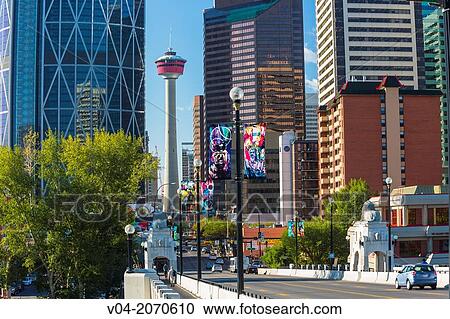 Stock Image - Skyscrapers, Bow Tower and Calgary Tower seen from Centre Street Bridge, Calgary, Alberta, Canada. Fotosearch