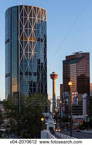 Skyscrapers, Bow Tower and Calgary Tower seen from Centre Street Bridge at dusk, Calgary, Alberta, Canada View Large Photo Image Stock Image - Skyscrapers, Bow Tower and Calgary Tower seen from Centre Street Bridge at dusk, Calgary, Alberta, Canada. Fotosearch