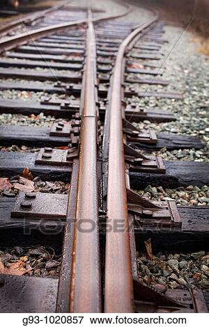 Stock Photo - slective focus of deviding rail tracks. Fotosearch