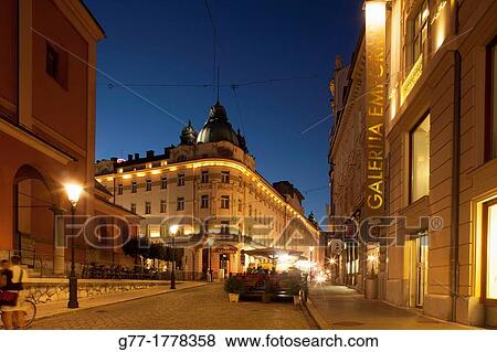 Stock Photo - Slovenia Ljubljana The Old Town by night.. Fotosearch