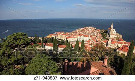 Stock Photo - Slovenia, Piran, general aerial panoramic view. Fotosearch