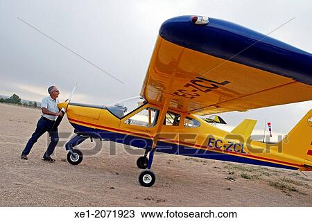 Stock Image - Small plane, airfield, El Pla de Santa Maria, Catalonia, Spain. Fotosearch