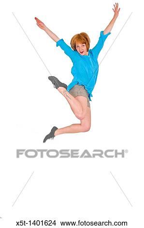 smiling young woman jumps with joy On white Background View Large Photo Image Picture - smiling young woman jumps with joy On white Background. Fotosearch