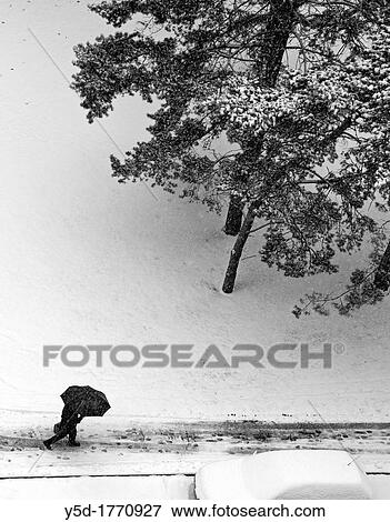 Stock Photo - snowed street, man walking under umbrella, snowfall, winter in Geneve, Switzerland. Fotosearch