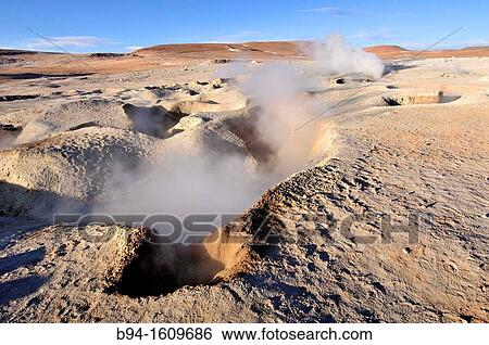 Stock Photograph - Sol de Maana is a geothermal field in Sur L? pez Province in the Potosi Department of south-western Bolivia. It extends over 10 km?, between 4800m and 5000m height.. Fotosearch