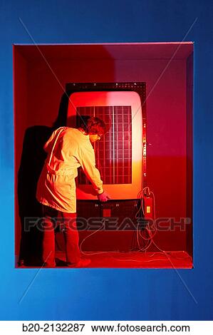 Stock Photo - Solar Simulator. Tests to measure the efficiency of modules and solar panels. Energy and Environment Division. Research and Innovation. Donostia. San Sebastian. Gipuzkoa. Basque Country. Spain. Europe.. Fotosearch