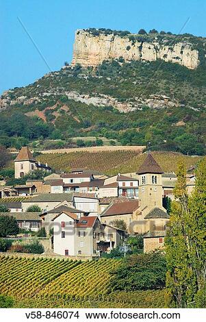 Picture - Solutre-Pouilly and the Roche de Solutre, Saone et Loire, France. Fotosearch