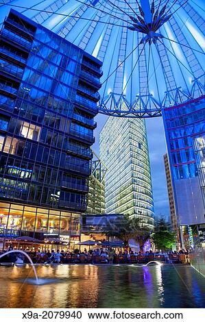 Stock Image - Sony Center; Potsdamer Platz Square; Berlin; Germany, Illuminated at Night.. Fotosearch