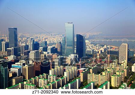 Stock Image - South Korea, Seoul, Yeouido, skyline, aerial view,.. Fotosearch