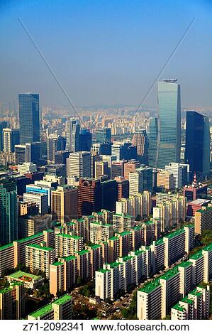 South Korea, Seoul, Yeouido, skyline, aerial view,. View Large Photo Image Stock Image - South Korea, Seoul, Yeouido, skyline, aerial view,.. Fotosearch