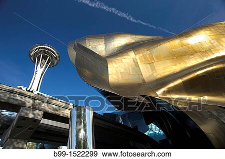 SPACE NEEDLE EXPERIENCE MUSIC PROJECT BUILDING SEATTLE CENTER SEATTLE WASHINGTON STATE USA View Large Photo Image Stock Photo - SPACE NEEDLE EXPERIENCE MUSIC PROJECT BUILDING SEATTLE CENTER SEATTLE WASHINGTON STATE USA. Fotosearch
