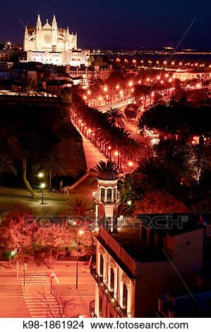 Picture - Spain, Balearic Islands, Mallorca, Palma, Mallorca Cathedral and Hostal Cuba at Night. Fotosearch